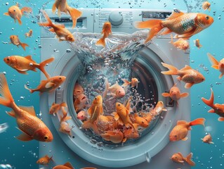 marine life concept, orange fishes swimming in a washing machine. Summer vibes