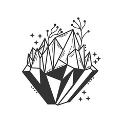 Crystal icon with branches and stars, illustration isolated on white background.