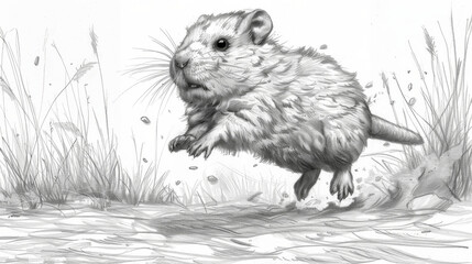 Wall Mural -  a black and white drawing of a small rodent running through a field of tall grass and grass with its front paws in the air.