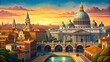 Stylized sunset cityscape with historical landmarks - An artistic rendering showcases a picturesque cityscape with prominent historical and religious buildings bathed in the warm hues of sunset