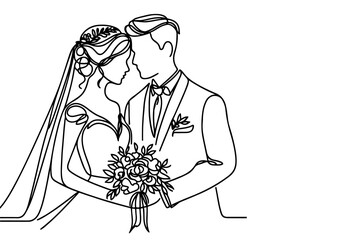 One continuous single drawing black line art doodle wedding couple bride and groom outlne vector illustration on white background