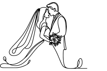 Wall Mural - One continuous single drawing black line art doodle wedding couple bride and groom outlne vector illustration on white background