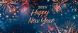 A festive card displaying the words Happy New Year against a colorful background of vibrant fireworks lighting up the night sky