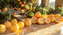  A Table Topped With Lots Of Oranges Next To A Bunch Of Lemons On Top Of A Wooden Table.