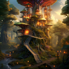 Canvas Print - Whimsical treehouse in the middle of a fantasy forest