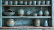  a shelf filled with vases and bowls on top of a blue painted wooden shelf next to a blue painted wall.