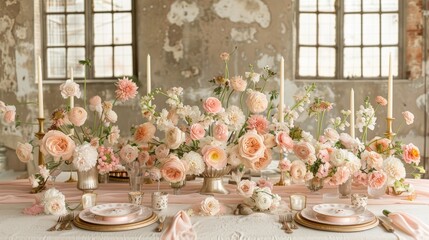 Wall Mural -  a table topped with lots of pink and white flowers next to a tall vase filled with pink and white flowers.