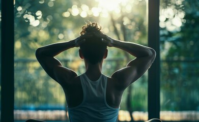 Sticker - A person stretching before a home workout, with a focus on flexibility and preparation for physical activity.