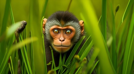 Wall Mural - Cute monkey with curious eyes in grass.