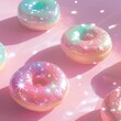 Pastel aesthetic doughnuts pattern on a pink background. Trendy summer aesthetic backround with sparkle.  Glittery aesthetic Summer shining concept.