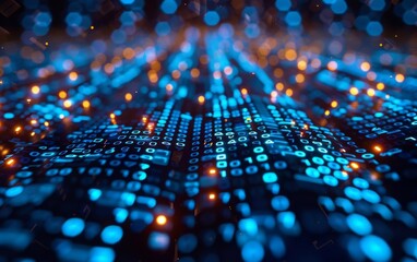 An illustrative depiction of a computational process operating in the azure cloud, revealing the intricacy of technology and programming, intertwined with data flows and binary.
