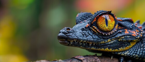 Wall Mural - Colorful macro illustration of a small crocodile-like reptile with striking bright eyes perched on a piece of wood. There is space for entering text. It can attract the attention of readers very well.