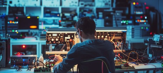 Electronics engineer at work. Image shows a professional in a lab with electronic testing equipment and computers, engrossed in analyzing or repairing circuit boards.