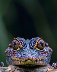 Wall Mural - Colorful macro illustration of a small crocodile-like reptile with striking bright eyes perched on a piece of wood. There is space for entering text. It can attract the attention of readers very well.