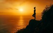 Silhouette of a person standing on one leg, practicing yoga on a cliff overlooking the ocean at sunset, embodying balance and serenity.