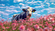 A cow standing in a field of pink flowers