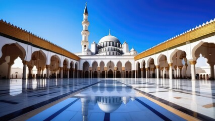 A large white mosque with a dome and gold trim. The building is surrounded by a large courtyard with a pool in the center. The courtyard is empty, and the sky is blue. generative ai