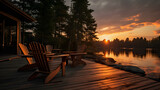 Fototapeta Miasto - sunset on the deck in the woods with adirondack chairs facing lake