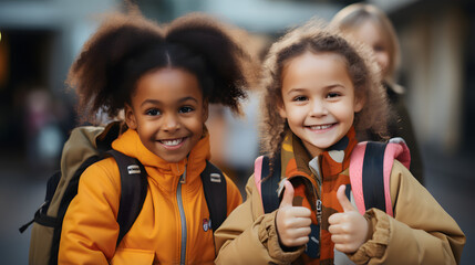 Poster - three little children in backpacks showing their thumbs up