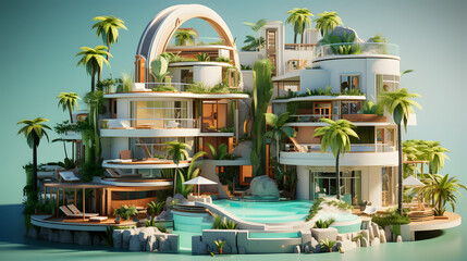 Wall Mural - white and green building with palm trees and resort pool