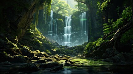  Waterfall in the park. AI generated art illustration.