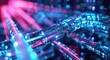 © David Giraud - Gros plan d'un câble internet se connectant au réseau. L'arrière-plan est un flou de motifs lumineux dans les tons bleus et roses, créant une atmosphère futuriste symbolise l'impact de la technologie