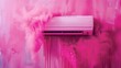 Modern air conditioner dissolving into a hot pink canvas, an ironic twist on climate control meets pop art aesthetics