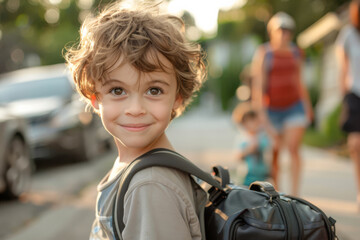 a 4 year old child follows his parents with his small suitcase for a trip