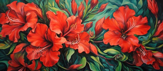 Wall Mural - A closeup of a painting featuring red flowers on a green background, capturing the beauty of flowering plants from the Canna family with intricate details