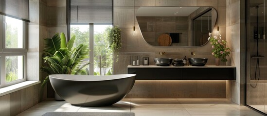 Wall Mural - A bathtub is placed in a bathroom with a spacious mirror reflecting the room