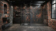 An industrial-chic bathroom with exposed brick walls, concrete flooring, and a walk-in shower with black subway tile walls and a rain showerhead
