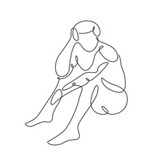 Wall Mural - Modern abstract sad man sitting down minimalistic artwork. Continuous linear drawing style sad boy outline vector illustration.