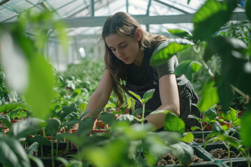 A woman takes care of a garden of plants in a greenhouse. She wears a green apron and kneels to work. The plants are lush and green, and the woman is focused on her task.