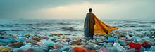  Vast Open Ocean Waves Beneath A Carpet Of Colored Plastic Garbage, Middle-aged Man In Colorful Large Plastic Shawl Walking On Endless Ocean. 