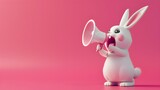 Fototapeta Lawenda - Adorable Rabbit Character Posing with Microphone in Pink Studio Setting for Multimedia,Marketing,and Advertising Concepts
