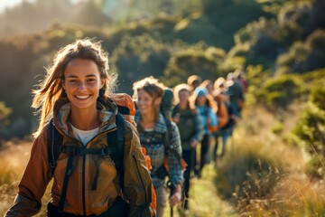 Group of Happy Friends Hiking in Nature on a Sunny Day Joyful Trekkers Exploring the Great Outdoors Together