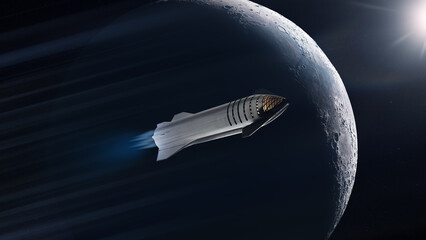 Wall Mural - heavy starship is flying in outer space on big moon background. elements of this image furnished by 
