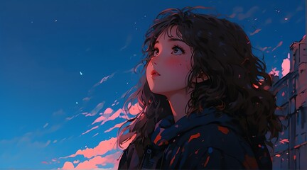 Wall Mural - girl anime beach background from Generative AI