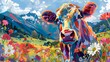 Psychedelic colorful cow on floral spring meadows with mountains in the background.
Psychedelic colorful cow on floral spring meadows with mountains in the background.
