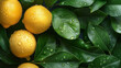 Fresh Lemons with vibrant green leaves Close up Brochure advertising content for healthy vegan food Juicy Background Summer Lemonade