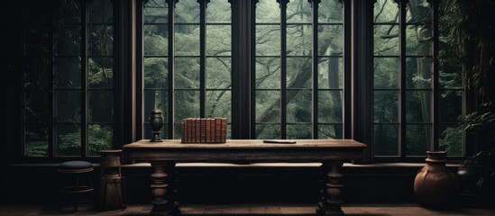 Canvas Print - A hardwood table with a book sits in front of a large glass window, letting in tints of light. The buildings metal fixtures contrast with the darkness outside