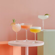 Elegant cocktails, served in distinctive glass and adorned with delicate fruit garnishes and fragrant herbs, create an atmosphere of refined sophistication against gentle pink backdrop with copy space