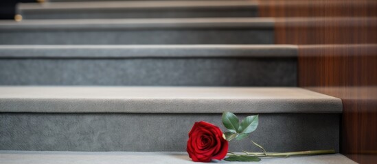 Sticker - A Hybrid tea rose with red petals is placed delicately on a wooden staircase, creating a beautiful contrast against the rectangular shape of the steps