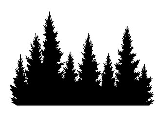 Wall Mural - Fir trees silhouette. Coniferous spruce horizontal background pattern, black evergreen woods vector illustration. Beautiful hand drawn panorama of coniferous forest