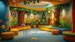 Warmly lit kids' zone with colorful furniture and whimsical tree mural