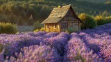 Fototapeta Do akwarium - Quaint wooden cabin with a green roof sits amidst blooming lavender fields