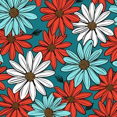 Wall Mural - Daisy pattern, hand draw, simple line, red and green