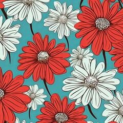 Wall Mural - Daisy pattern, hand draw, simple line, red and green