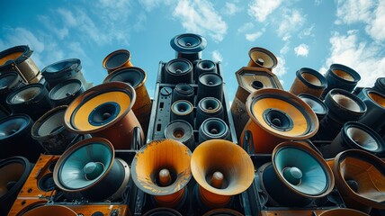 Vibrant cluster of loudspeakers against a serene blue sky