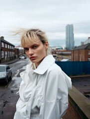 Canvas Print - Woman in White Coat Standing on Street